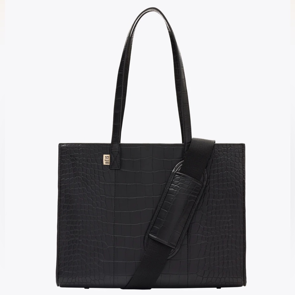 SOLD: BEIS Black Croc-Embossed Work Tote